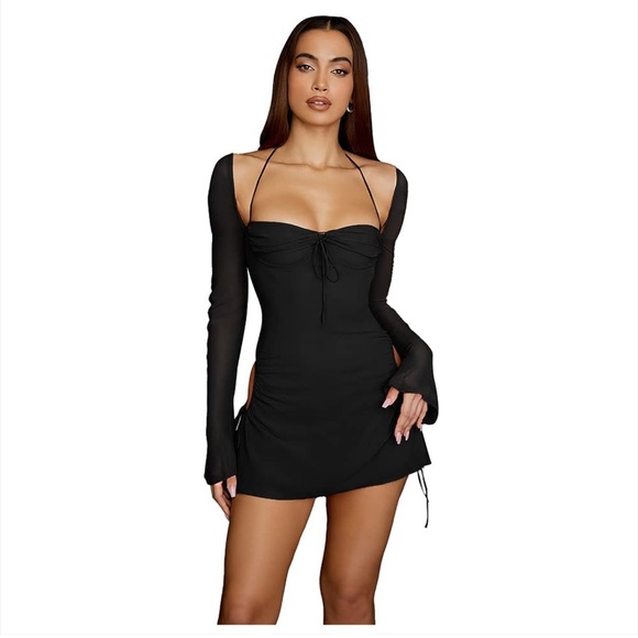 Women's Long Puff Sleeve Mini Bodycon Mesh Dress Flattering Split Hem - Picture 5 of 6
